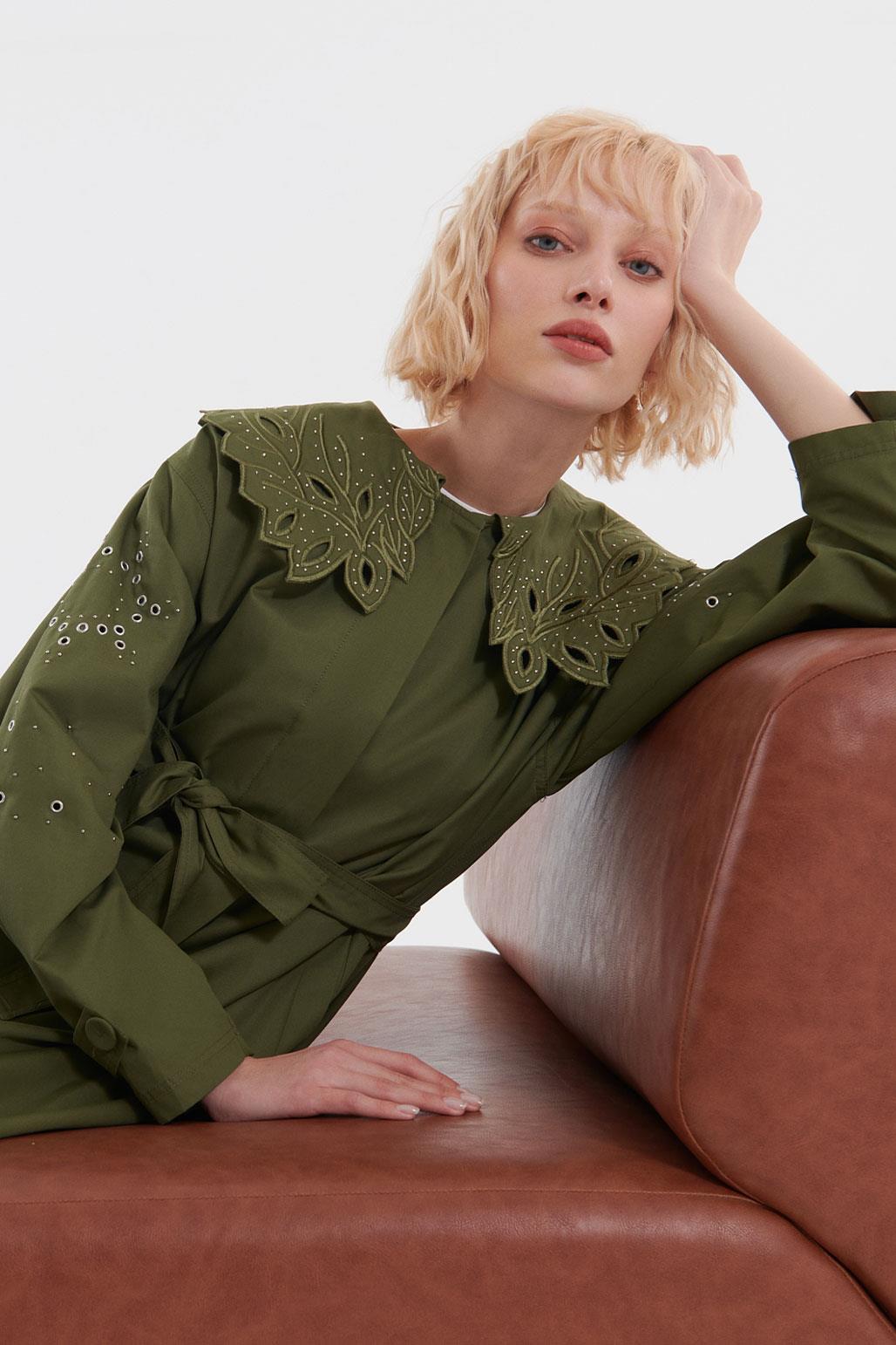 Embroidered Wide Collar Trench Coat Khaki Green