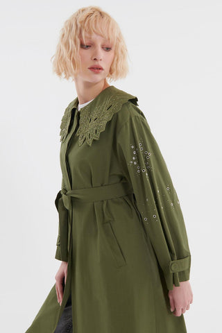 Embroidered Wide Collar Trench Coat Khaki Green