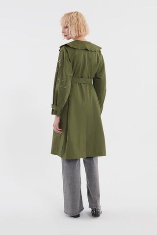 Embroidered Wide Collar Trench Coat Khaki Green