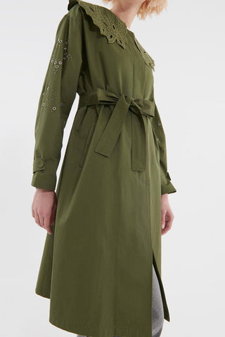 Embroidered Wide Collar Trench Coat Khaki Green