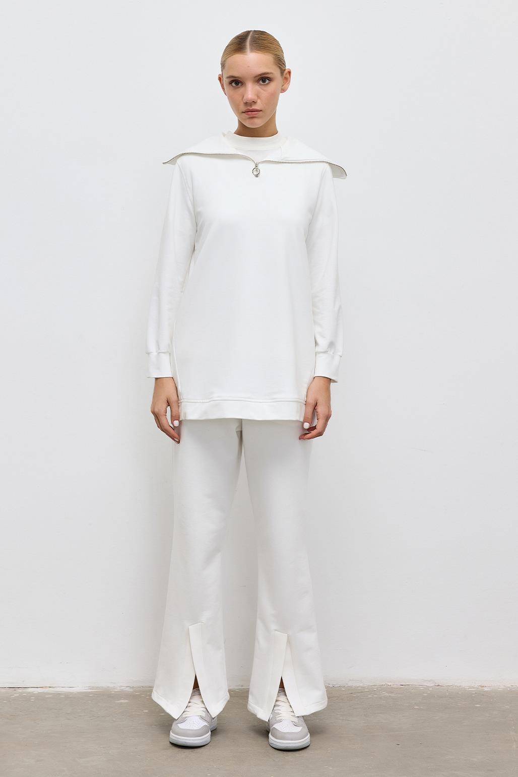 Wide Collar Knitted Tunic and Trousers Set Ecru