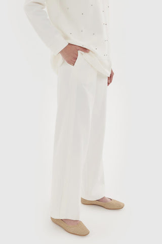 Wide Collar Stone Embroidered Sweat-Trousers Set Ecru