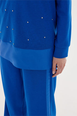 Wide Collar Stone Embroidered Sweat-Trousers Set Sax