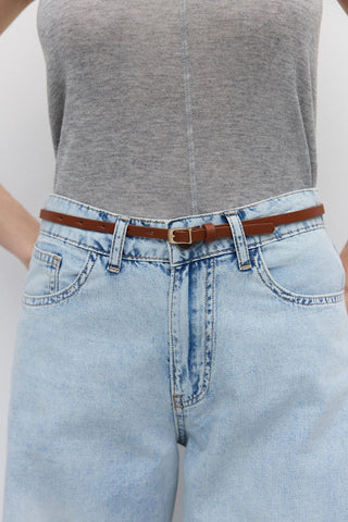 Gold Buckle Adjustable Slim Belt Tan