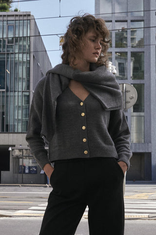 Knit Cardigan with Gold Buttons Anthracite