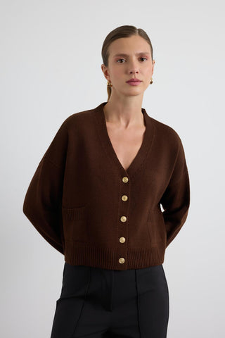 Knit Cardigan with Gold Buttons Brown