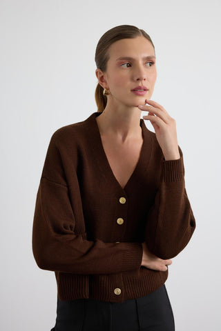 Knit Cardigan with Gold Buttons Brown
