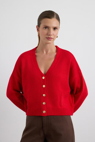 Knit Cardigan with Gold Buttons Red