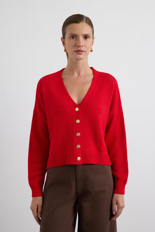 Knit Cardigan with Gold Buttons Red
