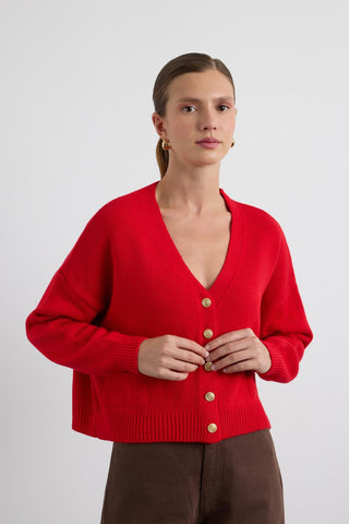 Knit Cardigan with Gold Buttons Red