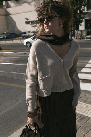 Knit Cardigan with Gold Buttons Stone