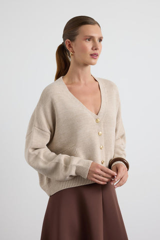 Knit Cardigan with Gold Buttons Stone