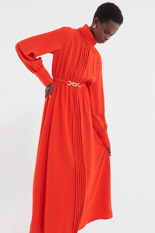 Golden Belt Crepe Dress Coral