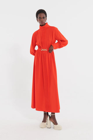 Golden Belt Crepe Dress Coral