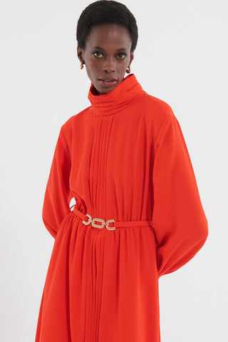 Golden Belt Crepe Dress Coral