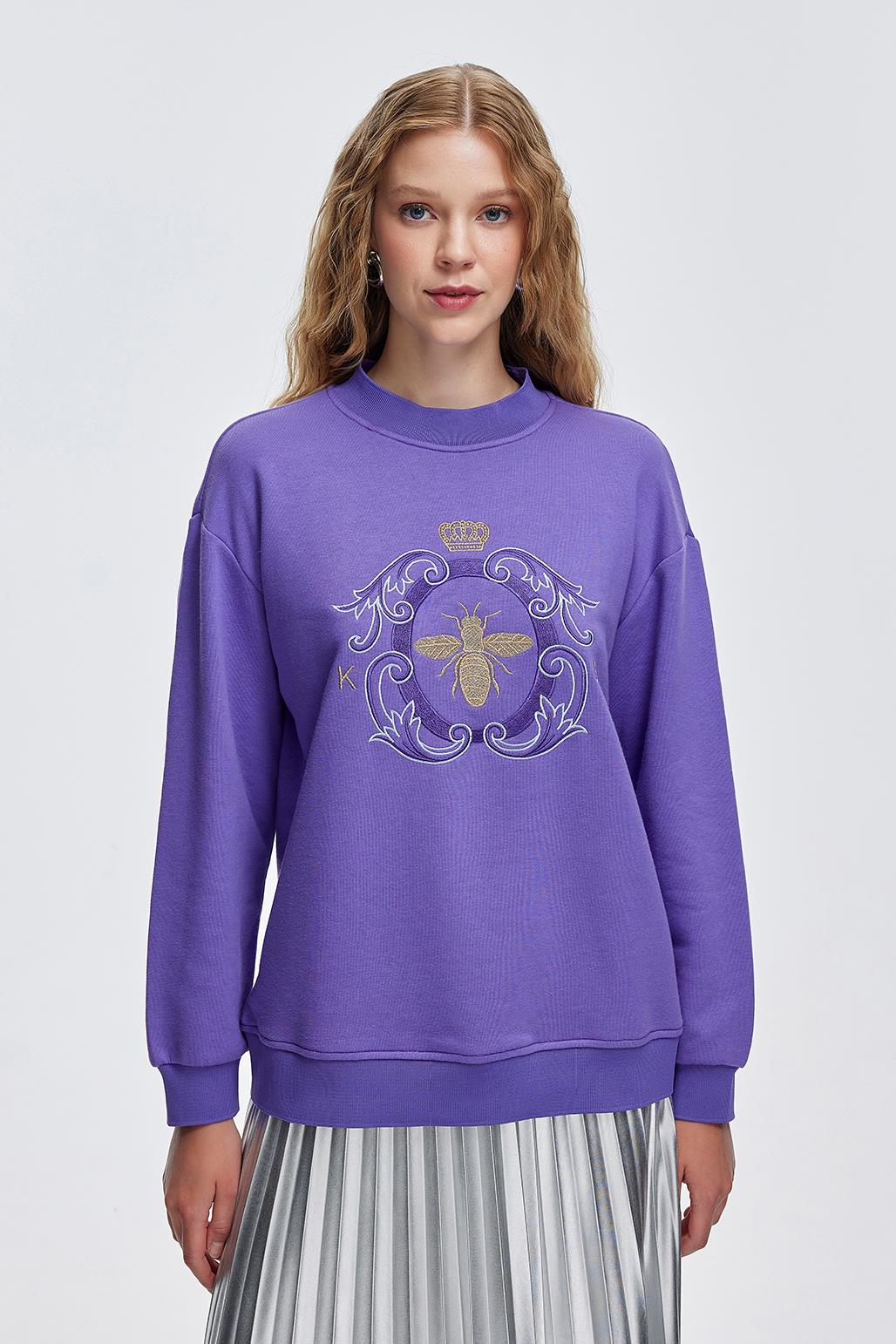 Gold Embroidered Hooded Sweatshirt Purple