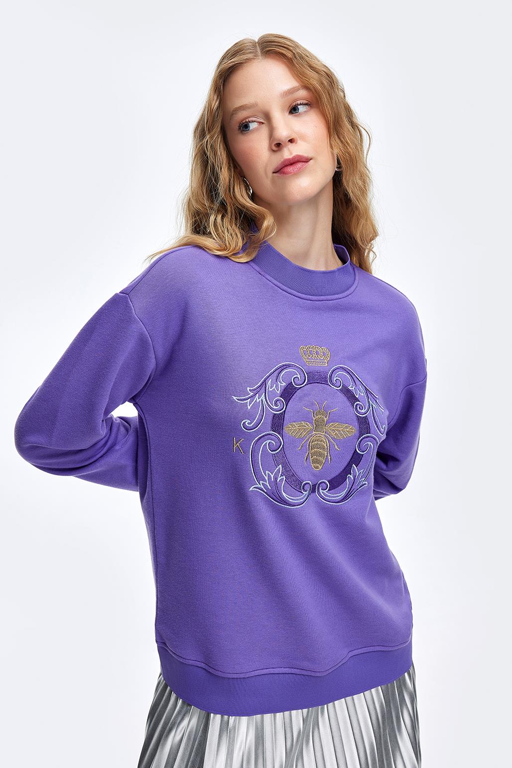 Gold Embroidered Hooded Sweatshirt Purple