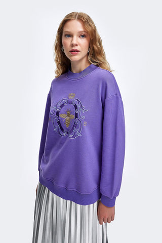 Gold Embroidered Hooded Sweatshirt Purple