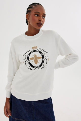 Gold Embroidered Hooded Sweatshirt Ecru