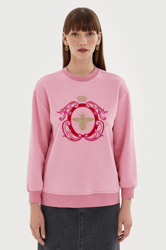 Gold Embroidered Hooded Sweatshirt Pink