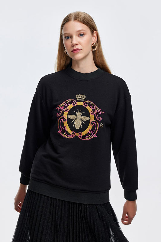 Gold Embroidered Hooded Sweatshirt Black