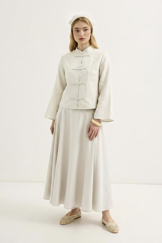 Mandarin Collar Shirt Skirt Set with Strap Detail Ecru