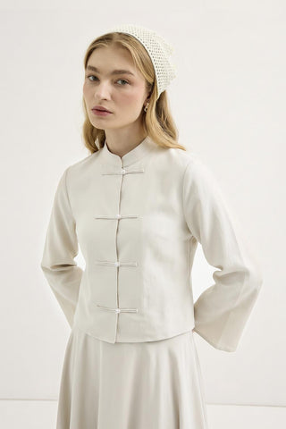 Mandarin Collar Shirt Skirt Set with Strap Detail Ecru