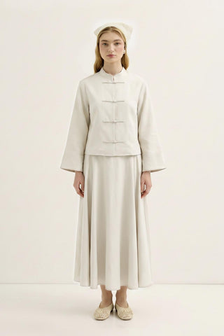 Mandarin Collar Shirt Skirt Set with Strap Detail Ecru
