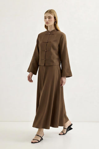 Mandarin Collar Shirt Skirt Set with Strap Detail Chestnut