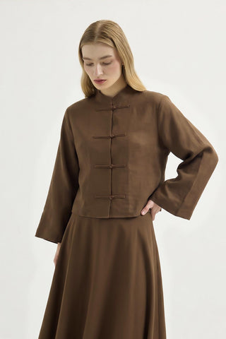 Mandarin Collar Shirt Skirt Set with Strap Detail Chestnut