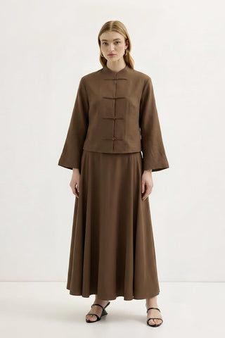 Mandarin Collar Shirt Skirt Set with Strap Detail Chestnut
