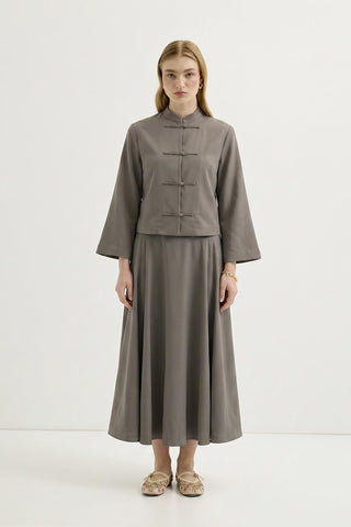 Mandarin Collar Shirt Skirt Set with Strap Detail Mink