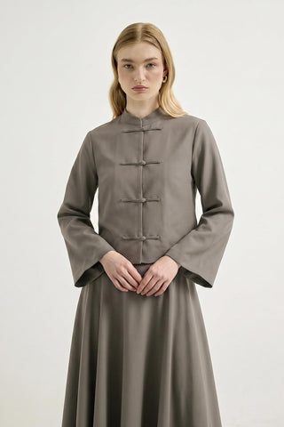 Mandarin Collar Shirt Skirt Set with Strap Detail Mink