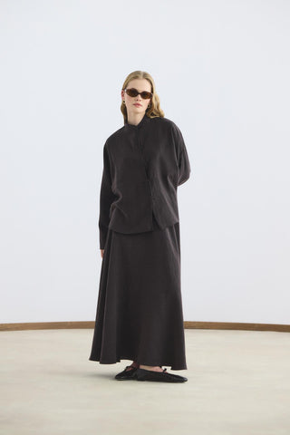 Mandarin Collar Tencel Shirt Skirt Set Dark Brown