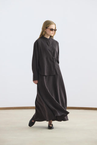 Mandarin Collar Tencel Shirt Skirt Set Dark Brown