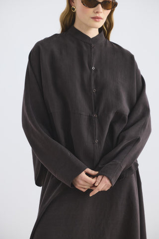 Mandarin Collar Tencel Shirt Skirt Set Dark Brown