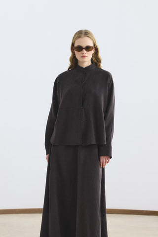 Mandarin Collar Tencel Shirt Skirt Set Dark Brown