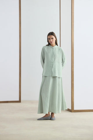 Mandarin Collar Tencel Shirt Skirt Set Light Grey