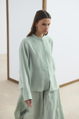 Mandarin Collar Tencel Shirt Skirt Set Light Grey