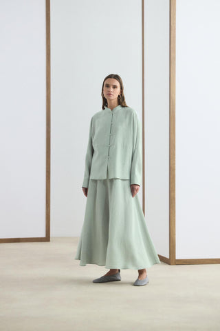 Mandarin Collar Tencel Shirt Skirt Set Light Grey