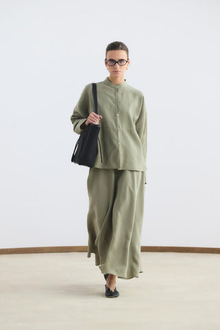 Mandarin Collar Tencel Shirt Skirt Set Sage