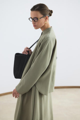 Mandarin Collar Tencel Shirt Skirt Set Sage