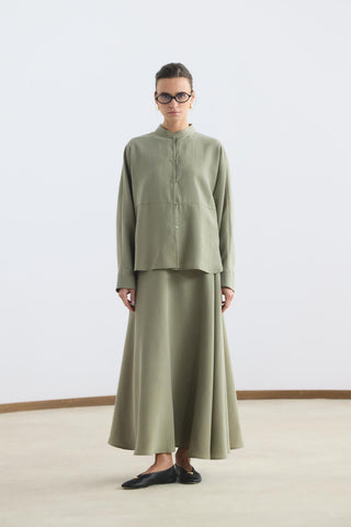Mandarin Collar Tencel Shirt Skirt Set Sage