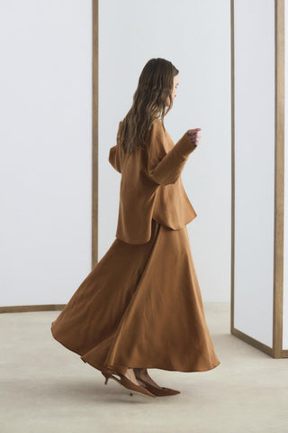 Mandarin Collar Tencel Shirt Skirt Set Brick