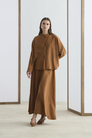Mandarin Collar Tencel Shirt Skirt Set Brick
