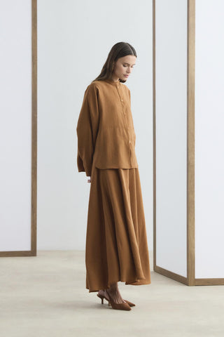 Mandarin Collar Tencel Shirt Skirt Set Brick