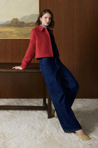 High Waist Wide Leg Gabardine Trousers Dark Blue