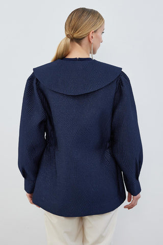 Shimmering Jacquard Garnished Taffeta Jacket Navy Blue