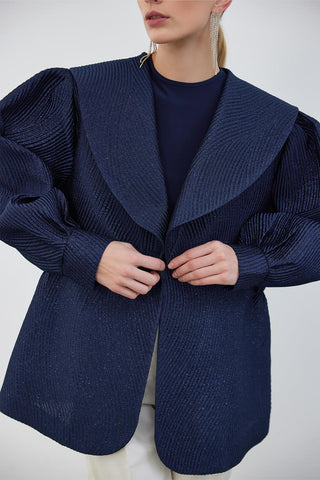 Shimmering Jacquard Garnished Taffeta Jacket Navy Blue