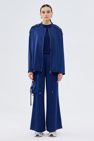 Embroidered Bomber Pants Set Navy Blue